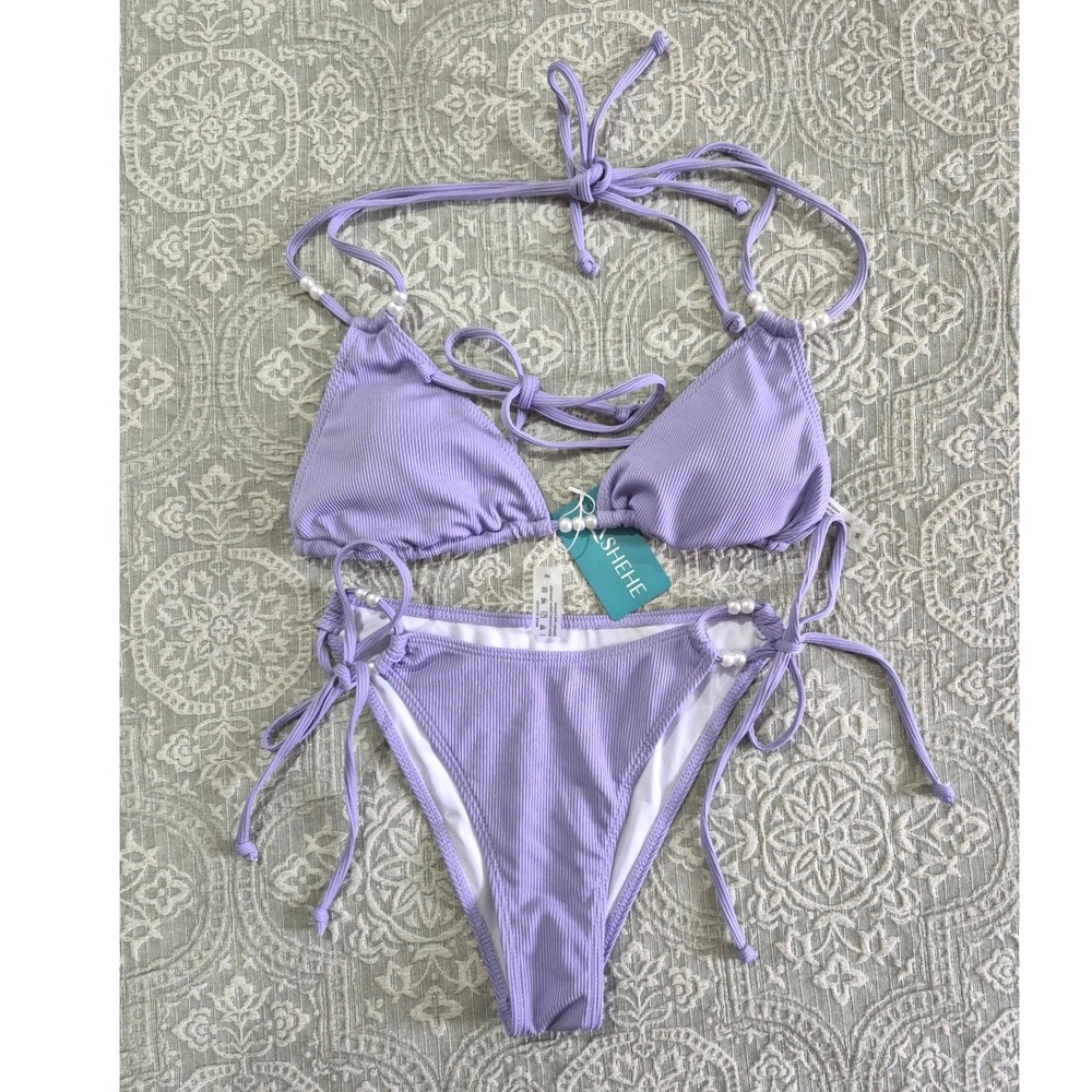 ZASHEHE Womens Lavender Ribbed Pearl Detail Triangle Bikini Set Size S New